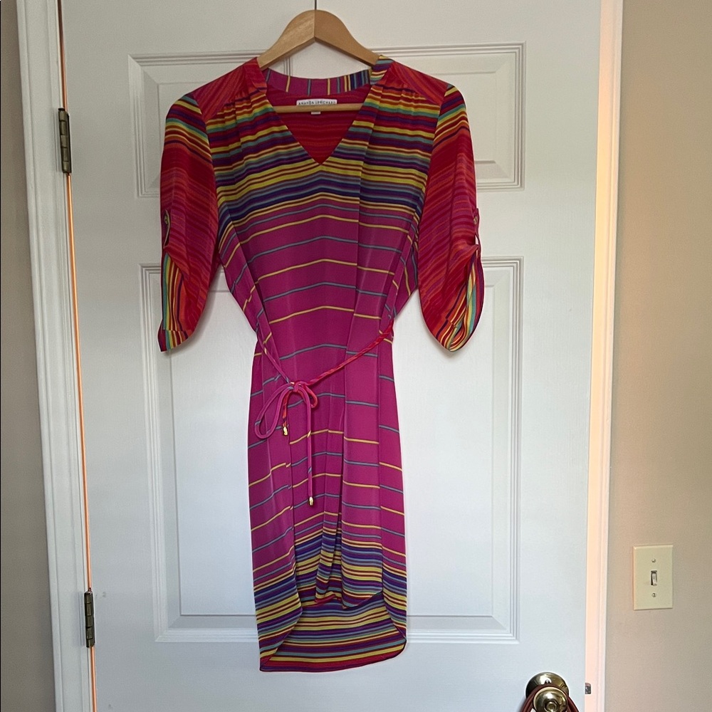 Amanda Uprichard Pink and Red Striped Midi Dress